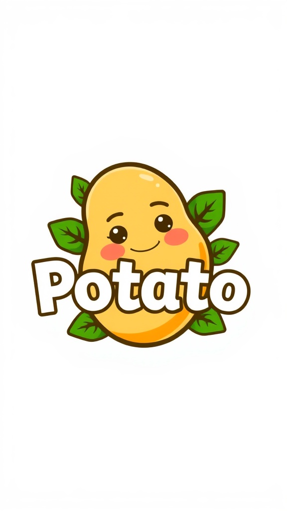 A modern and playful potato logo with a friendly face and green leaves.